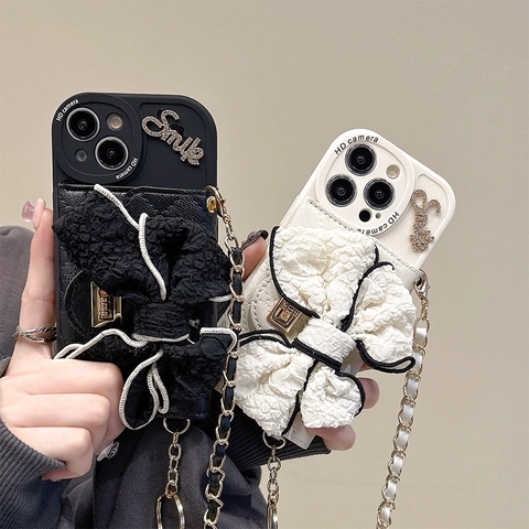 Funda De Teléfono Con Lazo De Tela Plisada Cierre De Metal Cadena Cruzada Cuero PU Porta Tarjetas Para iPhone