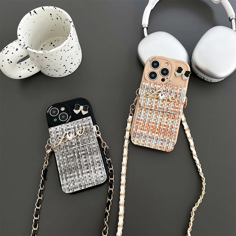 Funda De Teléfono Cartera De Tweed Con Letra Love De Diamantes De Imitación Lazo Cadena Cruzada Lujo Para IPhone