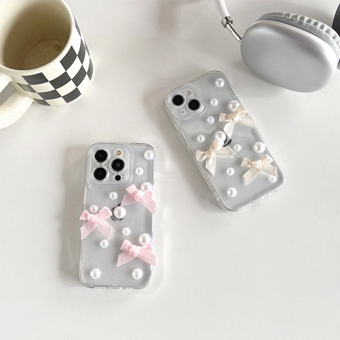Protective Phone Case Transparent Glitter PC With Satin Bows And Artificial Pearls 3D Cute Shockproof Cover For Women