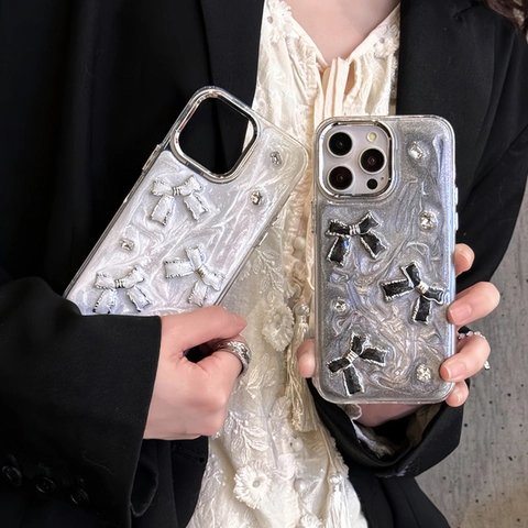 Custodia Per Telefono Con Fiocco Resina Lucida E Strass Per iPhone TPU Morbido Cornice Galvanizzata Moda Per Donne