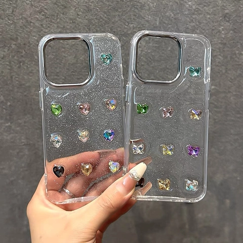 Glitter TPU Phone Case Transparent Shiny Rhinestone Heart Butterfly Design Protective Cover For Women