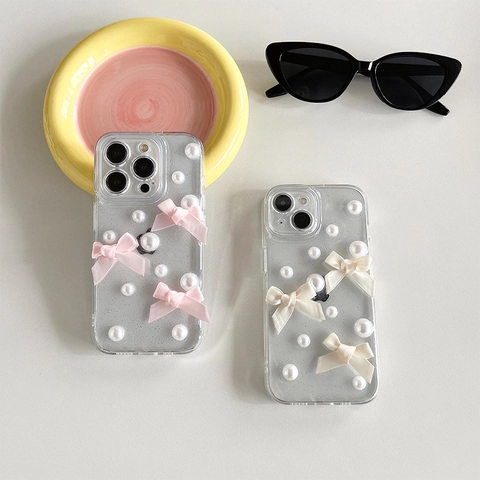 Protective Phone Case Transparent Glitter PC With Satin Bows And Artificial Pearls 3D Cute Shockproof Cover For Women