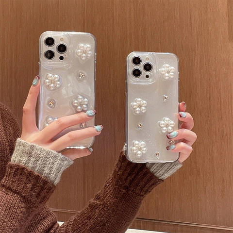 iPhone 17 Pro Max Case 3D Artificial Pearl Flower Rhinestone Glitter Transparent TPU Shockproof Soft Cover For Women