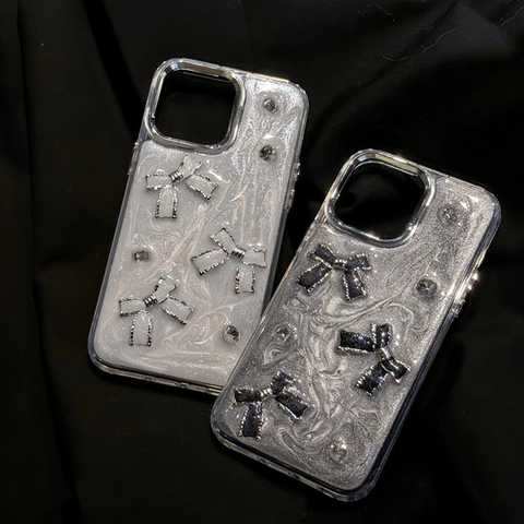 Custodia Per Telefono Con Fiocco Resina Lucida E Strass Per iPhone TPU Morbido Cornice Galvanizzata Moda Per Donne