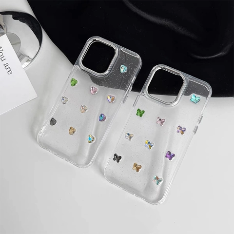 Glitter TPU Phone Case Transparent Shiny Rhinestone Heart Butterfly Design Protective Cover For Women