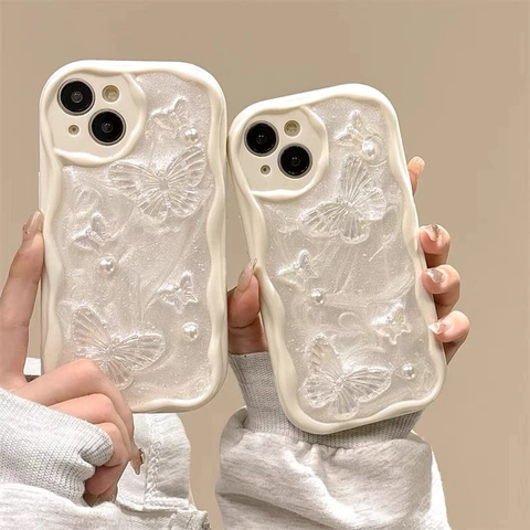 iPhone Case Wave Edge Glitter Butterfly Artificial Pearl Soft TPU Shockproof Full Protection Elegant Aesthetic Phone Cover For Women