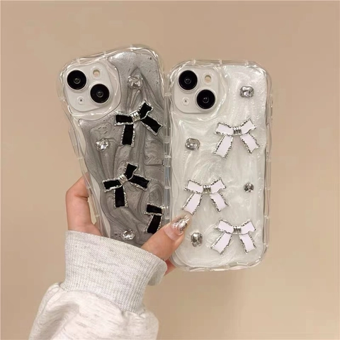 Wavy Edge Phone Case TPU Shockproof Glitter Liquid Texture With Rhinestone Cream Bows Elegant For Women