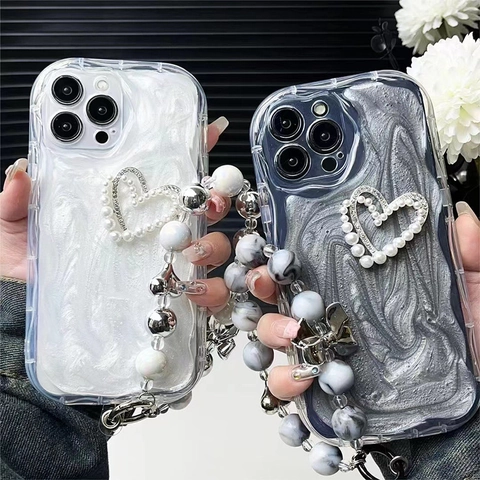 Custodia Per Telefono Con Cinturino In Künstliche Perle Strass Perla Artificial Cuore Luccicante Protezione Bordo Ondulato Lusso Per Donne