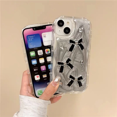 Wavy Edge Phone Case TPU Shockproof Glitter Liquid Texture With Rhinestone Cream Bows Elegant For Women