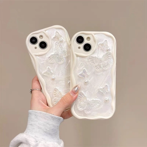 iPhone Case Wave Edge Glitter Butterfly Artificial Pearl Soft TPU Shockproof Full Protection Elegant Aesthetic Phone Cover For Women