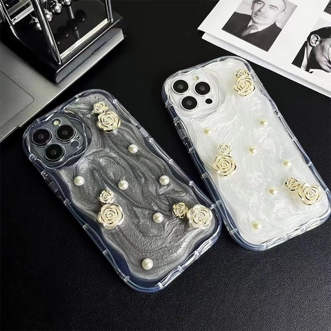 Custodia Per Telefono Con Künstliche Perle Floreali 3D Silicone Morbido Antiurto Fiore In Resina Epossidica Lusso Elegante