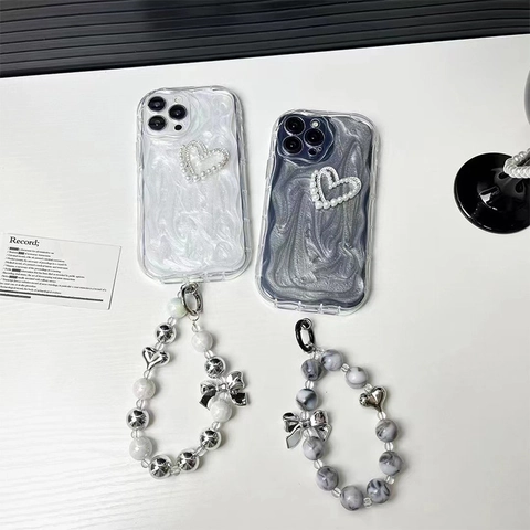 Custodia Per Telefono Con Cinturino In Künstliche Perle Strass Perla Artificial Cuore Luccicante Protezione Bordo Ondulato Lusso Per Donne