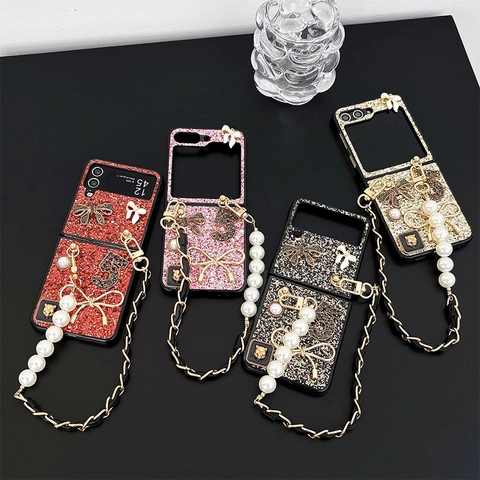 Luxury Glitter Folding Phone Case With Bow Artificial Pearl Leather Chain Strap Protective Cover Elegant Style For Foldable Phone