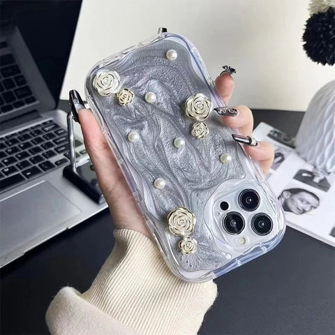 Custodia Per Telefono Con Künstliche Perle Floreali 3D Silicone Morbido Antiurto Fiore In Resina Epossidica Lusso Elegante