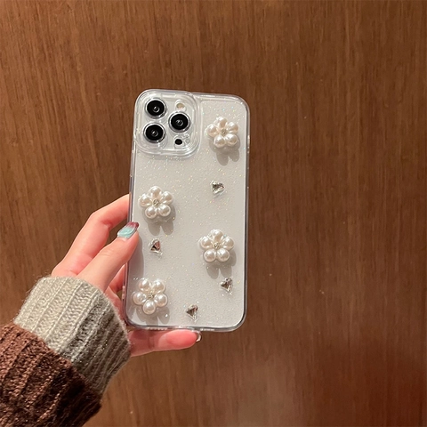 iPhone 17 Pro Max Case 3D Artificial Pearl Flower Rhinestone Glitter Transparent TPU Shockproof Soft Cover For Women