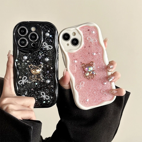 Wave Edge Phone Case Glitter TPU Luxury Rhinestone Bear Artificial Pearl Bowknot Decorative For iPhone Sparkly Sweet Style