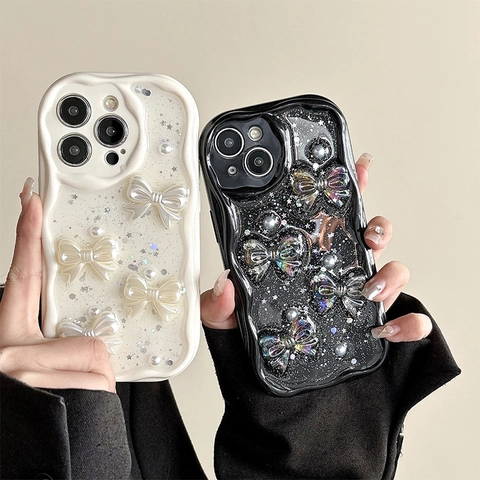 Wave Edge Phone Case With 3D Bowknot And Artificial Pearls Starry Glitter Shockproof TPU Protective Cover Sweet Creamy Style For iPhone