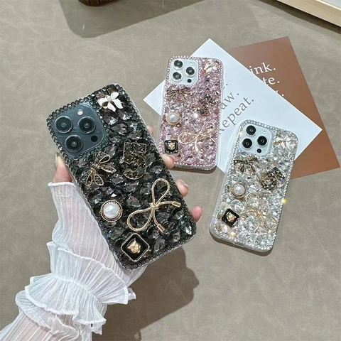 Luxury Rhinestone Phone Case Sparkly Bowknot Artificial Pearl Inlay Metal Lion Head Full Coverage Protector Elegant Accessory Cover