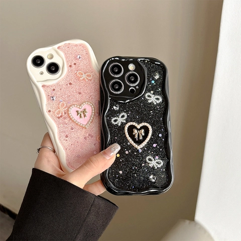 Bow Heart Artificial Pearl Sparkly Handyhülle Wellenrand Glitzer Pailletten TPU Schutzhülle Süßer Y2K Stil