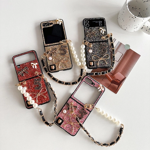 Luxury Glitter Folding Phone Case With Bow Artificial Pearl Leather Chain Strap Protective Cover Elegant Style For Foldable Phone