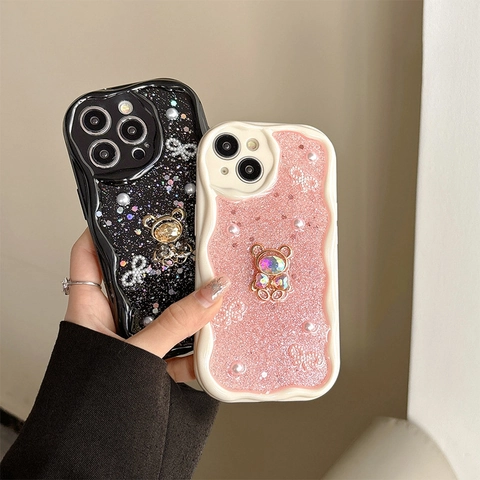 Wave Edge Phone Case Glitter TPU Luxury Rhinestone Bear Artificial Pearl Bowknot Decorative For iPhone Sparkly Sweet Style