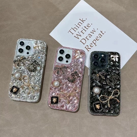 Luxury Rhinestone Phone Case Sparkly Bowknot Artificial Pearl Inlay Metal Lion Head Full Coverage Protector Elegant Accessory Cover