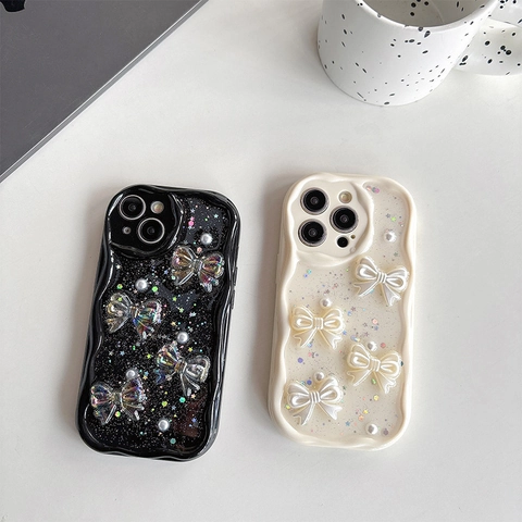 Wave Edge Phone Case With 3D Bowknot And Artificial Pearls Starry Glitter Shockproof TPU Protective Cover Sweet Creamy Style For iPhone