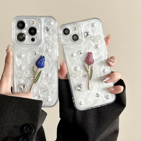 Elegant 3D Tulip Flower Phone Case With Rhinestone Artificial Pearl Bow TPU Soft Shell Mother Of Artificial Pearl Texture