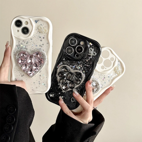 Shockproof Wave Frame Tpu Phone Case With Large Rhinestone Heart Glitter And Artificial Pearl Bow For Iphone Luxurious Girly Style