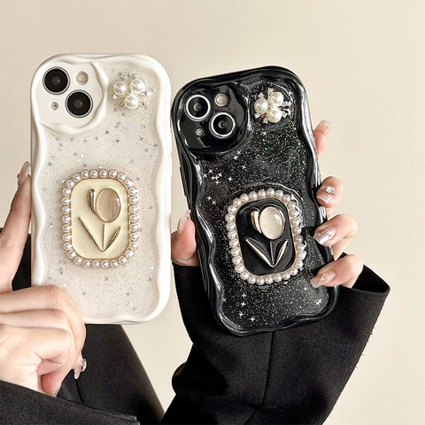 Elegant Wave Border Phone Case With Artificial Pearl Tulip Flower Relief Glitter Star Sequins Luxury TPU Protective Cover