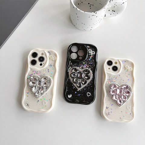 Shockproof Wave Frame Tpu Phone Case With Large Rhinestone Heart Glitter And Artificial Pearl Bow For Iphone Luxurious Girly Style