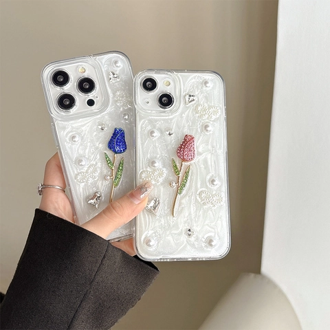Elegant 3D Tulip Flower Phone Case With Rhinestone Artificial Pearl Bow TPU Soft Shell Mother Of Artificial Pearl Texture