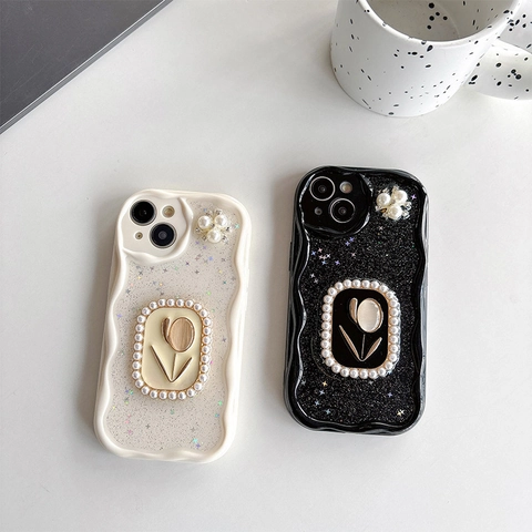 Elegant Wave Border Phone Case With Artificial Pearl Tulip Flower Relief Glitter Star Sequins Luxury TPU Protective Cover