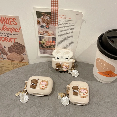 Funda Auriculares Linda Taza Café Niña Dibujos Animados Silicona Para AirPods Pro 1 2 3 4 Con Llavero Perla Artificial Concha