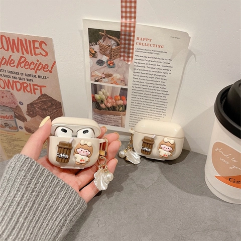 Funda Auriculares Linda Taza Café Niña Dibujos Animados Silicona Para AirPods Pro 1 2 3 4 Con Llavero Perla Artificial Concha