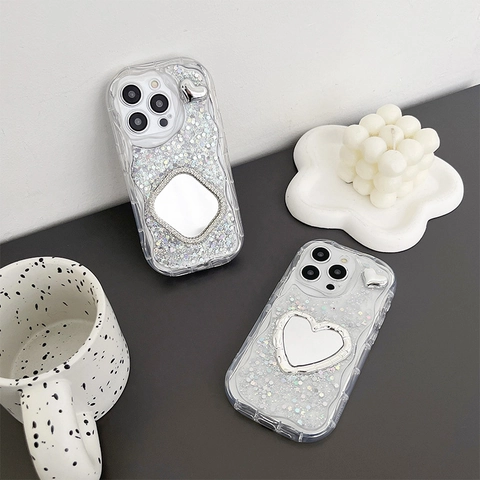 Luxus Glitzer Pailletten Smartphone Hülle Mit Herz Spiegel Wellenkante Stoßfest TPU Soft Cover Für 16 17 Pro Max Mode Hülle