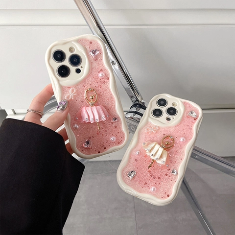 Custodia Per Telefono Ragazza Di Balletto 3D Glitter Strass Perla Artificial Bordo Ondulato Crema Antiurto Dolce Elegante