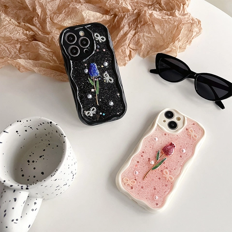 3D Rose Perle Schleife Glitzer Handyhülle Für iPhone 16 15 14 13 Pro Max Wellenrand Stoßfest TPU Softcover Damen Mode
