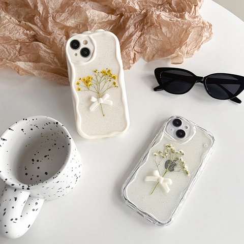 Phone Case Real Dried Flowers Soft TPU 3D Bowtie Glitter Wave Edge Shockproof Clear Creamy Aesthetic Protective Cover