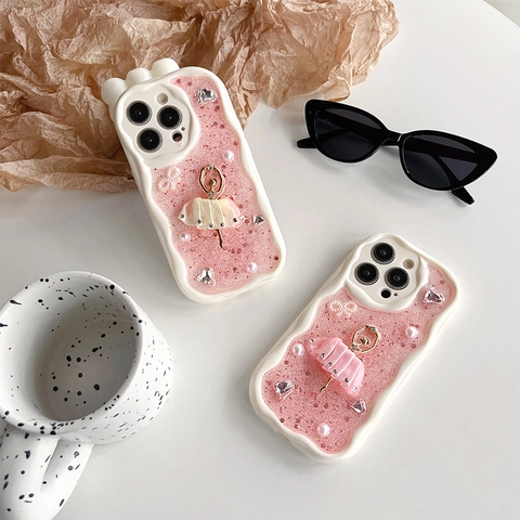 Custodia Per Telefono Ragazza Di Balletto 3D Glitter Strass Perla Artificial Bordo Ondulato Crema Antiurto Dolce Elegante