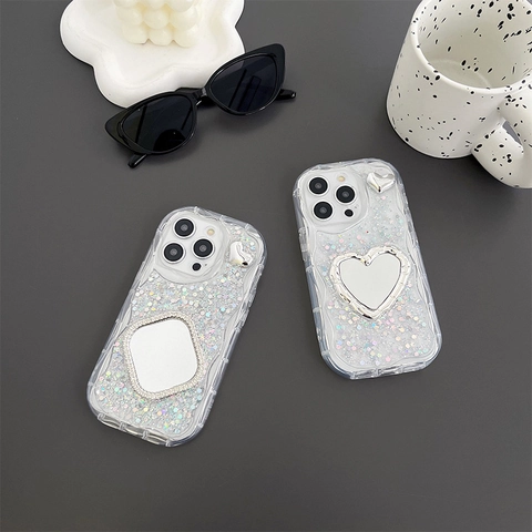 Luxus Glitzer Pailletten Smartphone Hülle Mit Herz Spiegel Wellenkante Stoßfest TPU Soft Cover Für 16 17 Pro Max Mode Hülle