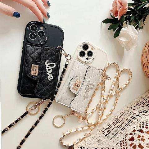 Funda De Teléfono Cruzada Cartera Cuero Acolchado Con Cadena Love Diseño De Diamantes De Imitación Carcasa Protectora Para Mujer