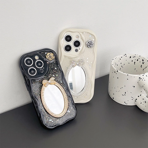 Luxus Wellenkante Kamelie Schleife Spiegel Handyhülle Für iPhone 17 16 15 14 Pro Max Plus Glitzer Pailletten Schminkspiegel Schutzhülle