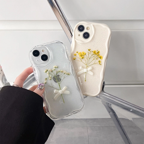 Phone Case Real Dried Flowers Soft TPU 3D Bowtie Glitter Wave Edge Shockproof Clear Creamy Aesthetic Protective Cover
