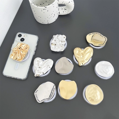 Magnetic Phone Grip Alloy Plating Retractable Foldable Stand Liquid Metal Lava Heart Wrinkle Texture Minimalist Holder