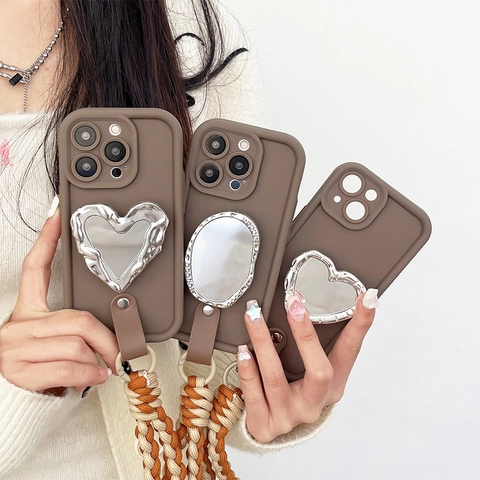 Mirror Phone Case For iPhone 16 15 14 13 12 11 Pro Max TPU Braided Lanyard Heart Oval Makeup Mirror Stand Coffee Brown