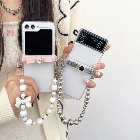 Transparente Klapphülle Mit Strass Herz Schleife Und Perlenkette Für Faltbare Smartphones Luxus Stil