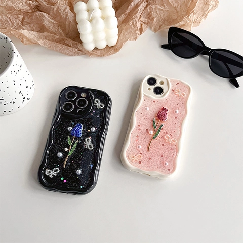 3D Rose Perle Schleife Glitzer Handyhülle Für iPhone 16 15 14 13 Pro Max Wellenrand Stoßfest TPU Softcover Damen Mode