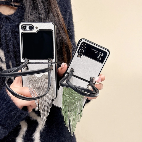 Rhinestone Heart Tassel Foldable Phone Case PU Leather Hand Strap Cross Grain Luxury Elegant Mobile Cover Women