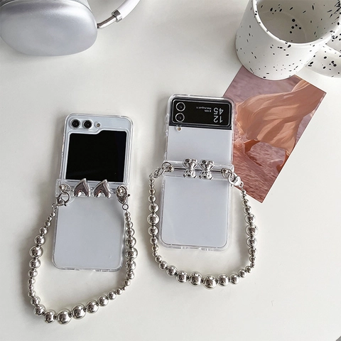 Coque De Téléphone Pliante Transparente Rigide Avec Breloques Coeur Ours Argentées Grande Chaîne Perlée Pour Femmes